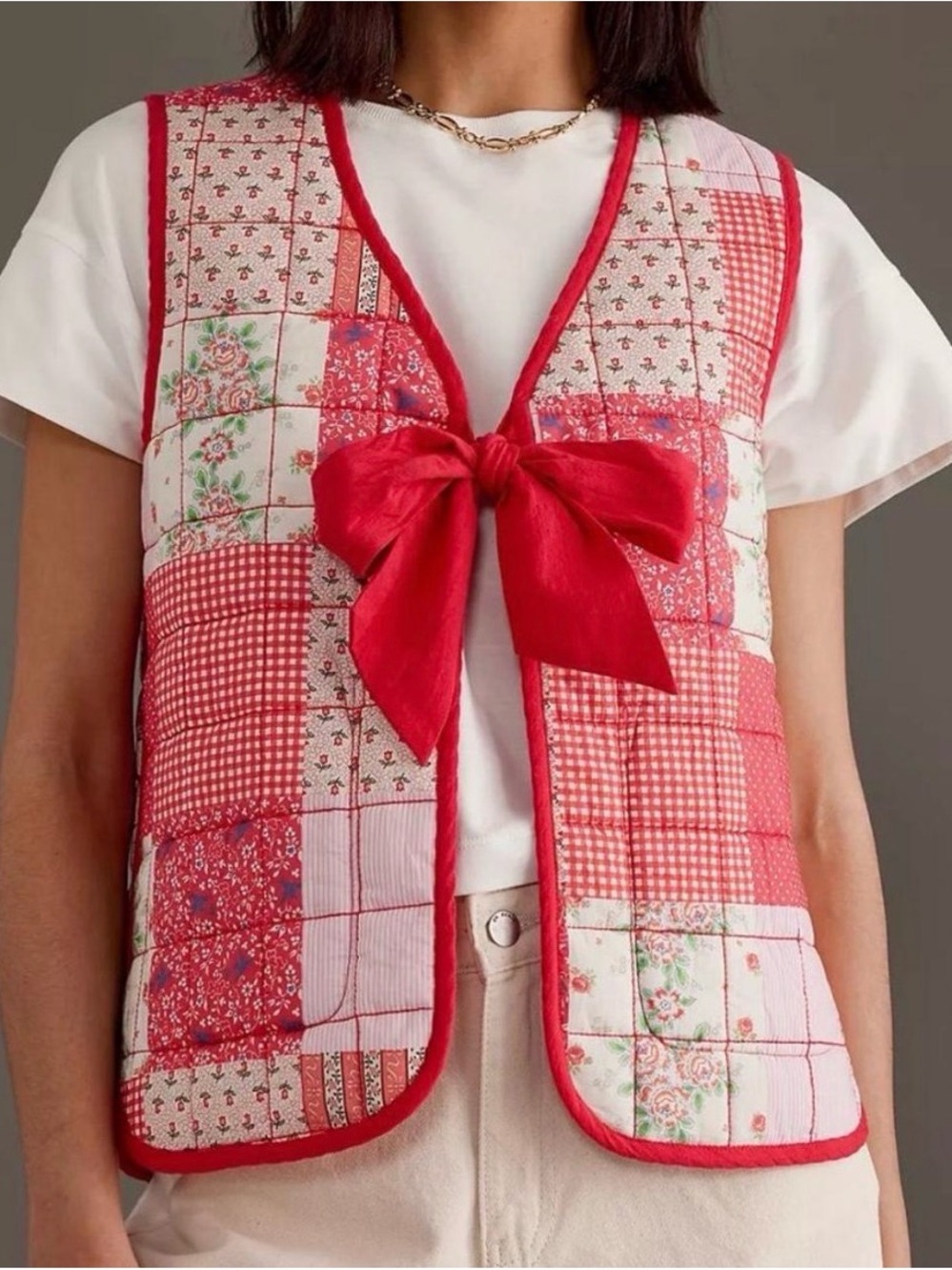 Damson Madder Reversible Red Patchwork Quilted Bow Vest